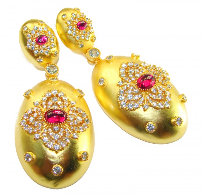 Byzantine design Authentic 8.2 carat 18K Gold over .925 Sterling Silver handcrafted Statement earrings - Byzantine earrings close-up, 18K gold over sterling silver with gemstones.