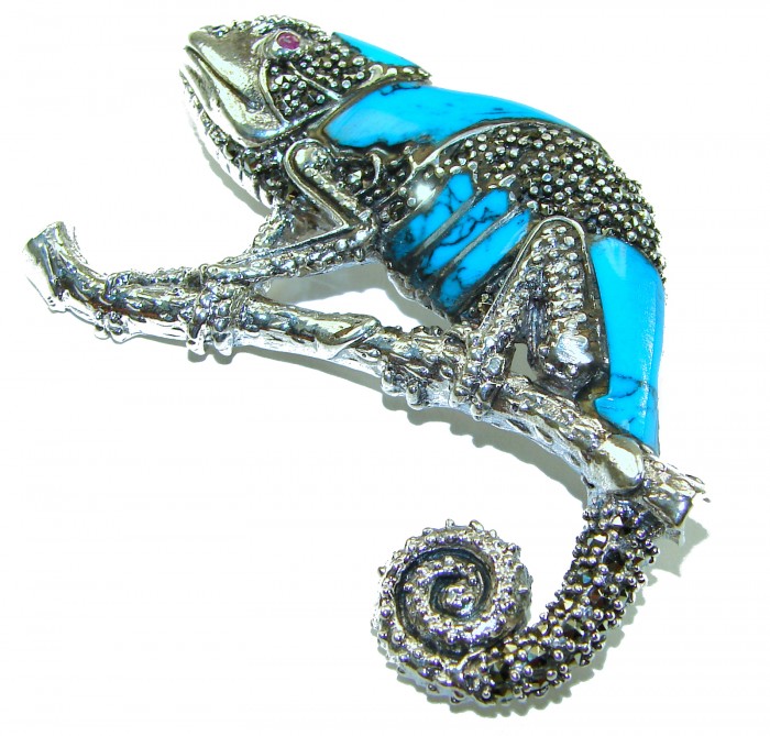 Spectacular Big Chameleon Lizard inlay Turquoise .925 Sterling Silver handmade Brooch - Side view of chameleon brooch with turquoise inlay and silver finish.