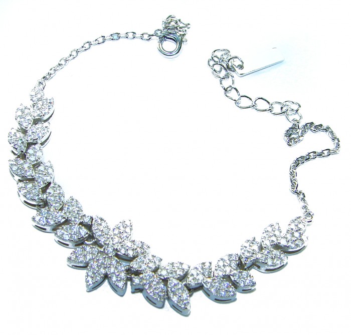 Gabriella 6.7 carat authentic White Topaz rhodium over .925 Sterling Silver handcrafted Statement Bracelet - White Topaz necklace, top view, leaf design, rhodium over .925 silver