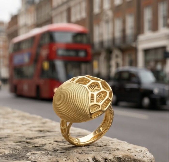 Dubai Style .925 Sterling Silver dipped in 22K Gold handmade Large ring size 7 1/4 - Gold-plated ring close-up with geometric design, urban background