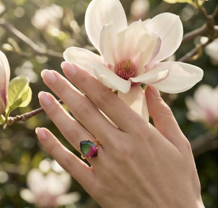 6.8 carat Brazilian Tourmaline .925 Sterling Silver dipped in 18K Gold Perfectly handcrafted Ring s. 8 adjustable - Hand wearing 6.8 carat Brazilian Tourmaline ring near magnolia flower.