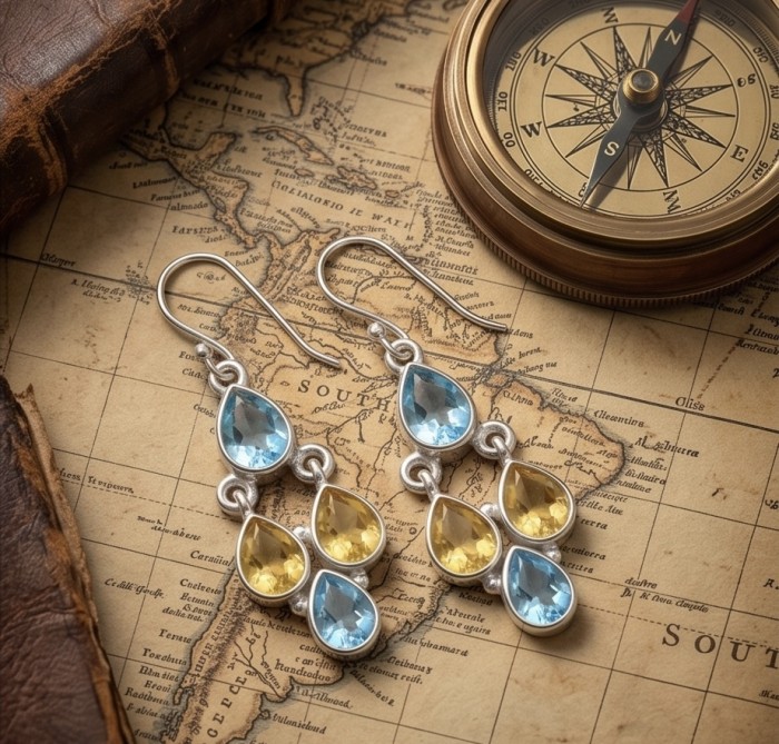 Fiesta Authentic 10.7 carat Multigem .925 Sterling Silver handcrafted earrings - Earrings on vintage map with compass, front view, multigem design.