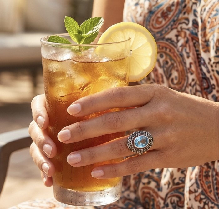 Dolce Vita 25.3 carat genuine Swiss Blue Topaz .925 Sterling Silver dipped rhodium handcrafted Large ring size 6 - Swiss Blue Topaz ring worn on hand holding iced tea with lemon garnish