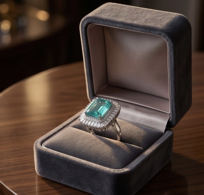 Art Deco emerald cut 10.2 carat Colombian Emerald 7.3 carat White Topaz .925 Sterling Silver dipped in Rhodium handcrafted Ring size 7 1/2 - Emerald ring in box, top view, Art Deco style, 10.2 carat Colombian emerald.