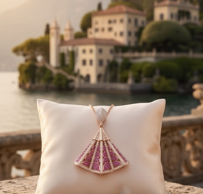 Luxurious 5.2 carat Kashmir Ruby .925 Sterling Silver dipped in 18K Rose Gold handmade Pendant - Necklace with ruby on satin pillow, elegant villa background, frontal view.