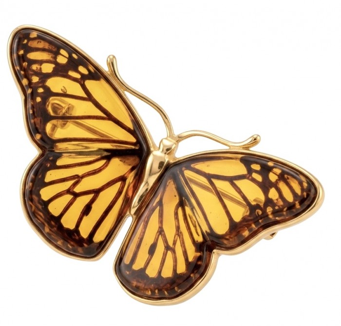 Butterfly Authentic Baltic Amber .925 Sterling Silver dipped in 18K Gold handcrafted ring; s. 7 adjustable - Butterfly amber brooch front view in gold-tone setting.