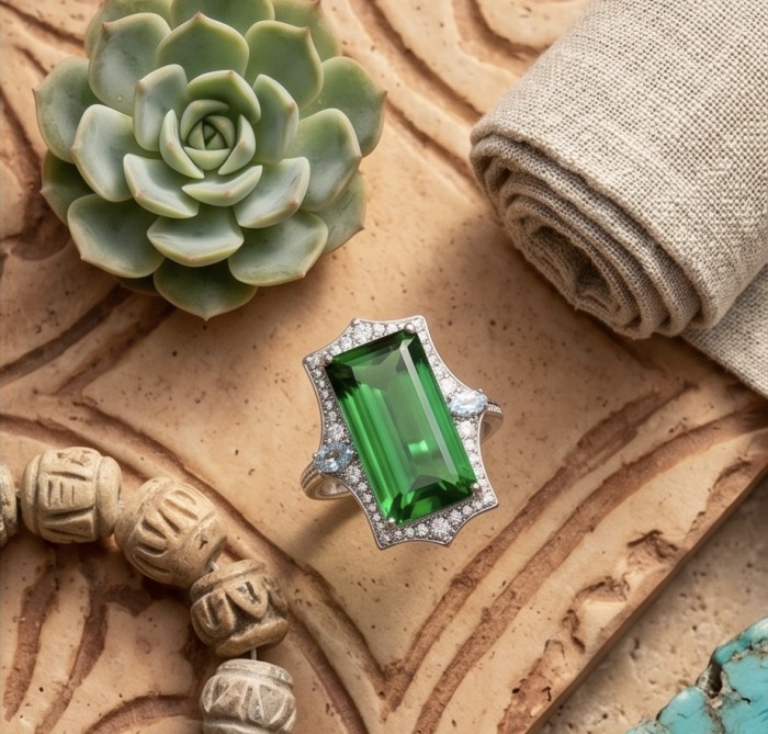 RARE FINDING! Authentic 28.9 carat volcanic Green Helenite .925 Sterling Silver HUGE ring s. 7 - Top view of green Helenite ring with surrounding natural elements