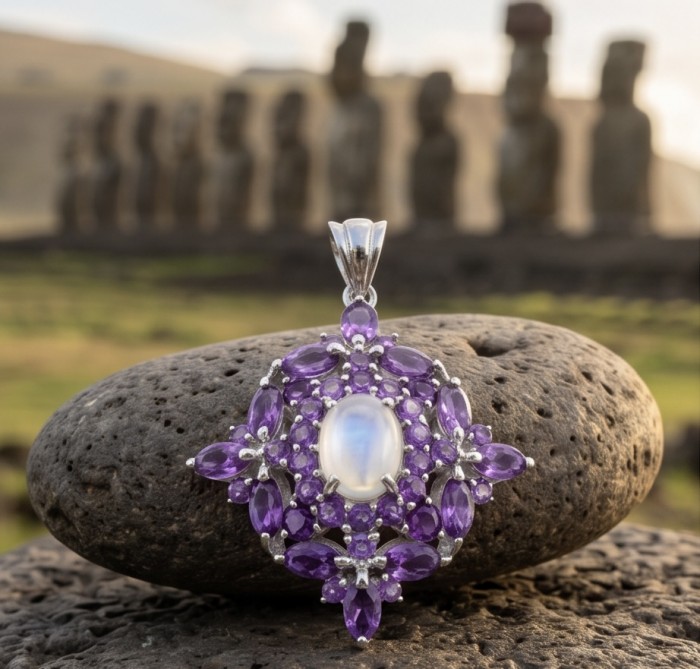 Genuine 5.2 carat Pink Fire Moonstone .925 Sterling Silver handcrafted pendant - Close-up of pink fire moonstone pendant with Easter Island statues in background.