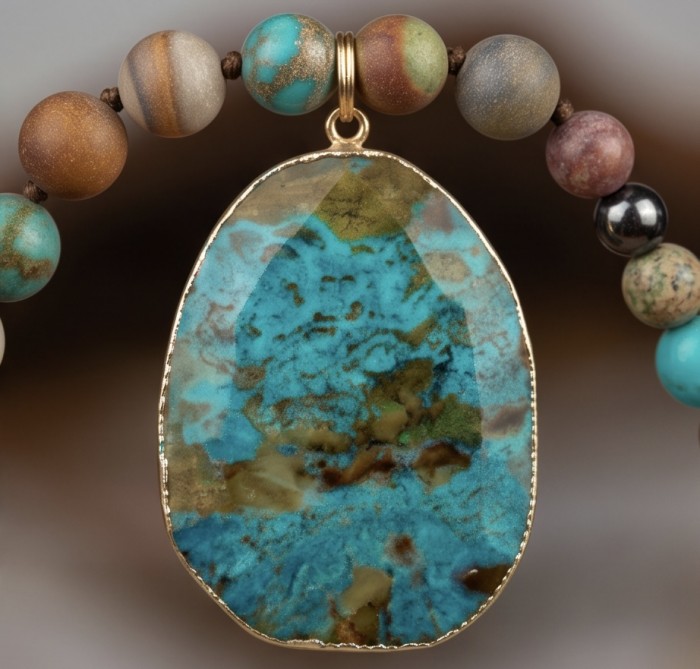 Boho Style - Great quality Chrysocolla .925 Sterling Silver handcrafted Necklace - Chrysocolla pendant close-up with beaded necklace detail.