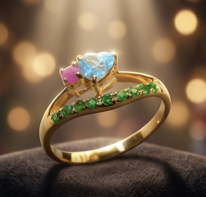 Atlntica 5.8 carat Swiss Blue Topaz .925 Sterling Silver dipped in 14K Gold handcrafted ring size 8 - Side view of a heart-shaped topaz and gemstone gold ring.