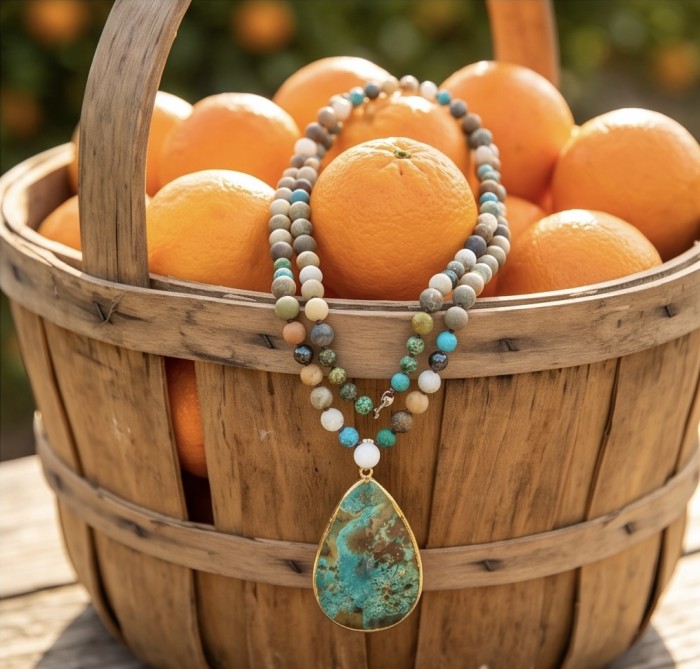 Boho Style - Great quality Chrysocolla .925 Sterling Silver handcrafted Necklace - Boho necklace with chrysocolla pendant draped on basket of oranges.