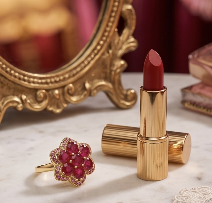 Born to Glam authentic 4.2 carat Mozambique Ruby 22K Gold over .925 Silver handcrafted Ring s. 5 1/2 - Ruby ring with gold details beside a lipstick on a marble surface