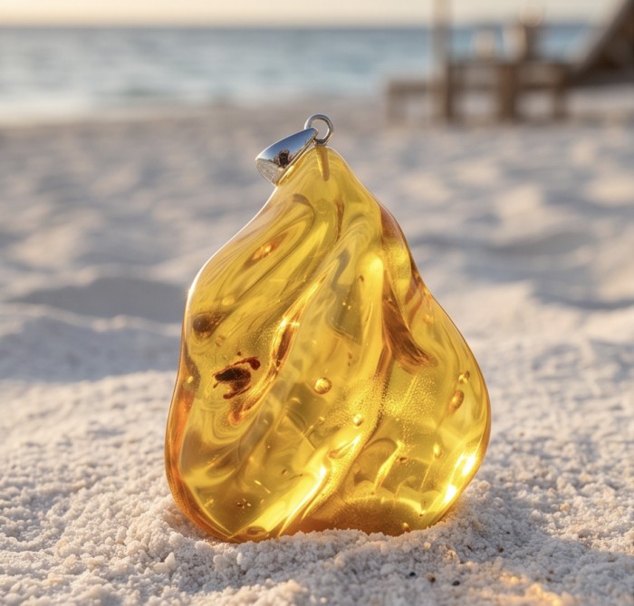 Dune Prehistoric Authentic Golden Baltic Amber .925 Sterling Silver beautifully handcrafted Pendant - Close-up of golden Baltic amber pendant on sandy beach background.