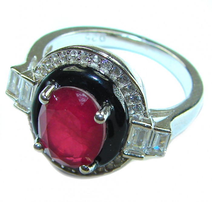 Art Deco 5.2 carat Ruby black enamel .925 Sterling Silver handmade Ring size 6 1/4 - photo 1