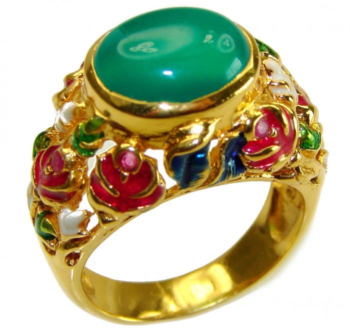 Real Beauty of Nature - natural 12.5 carat Jade enamel 18K Gold over .925 Sterling Silver handmade Statement Ring size 8 1/4 - photo 1