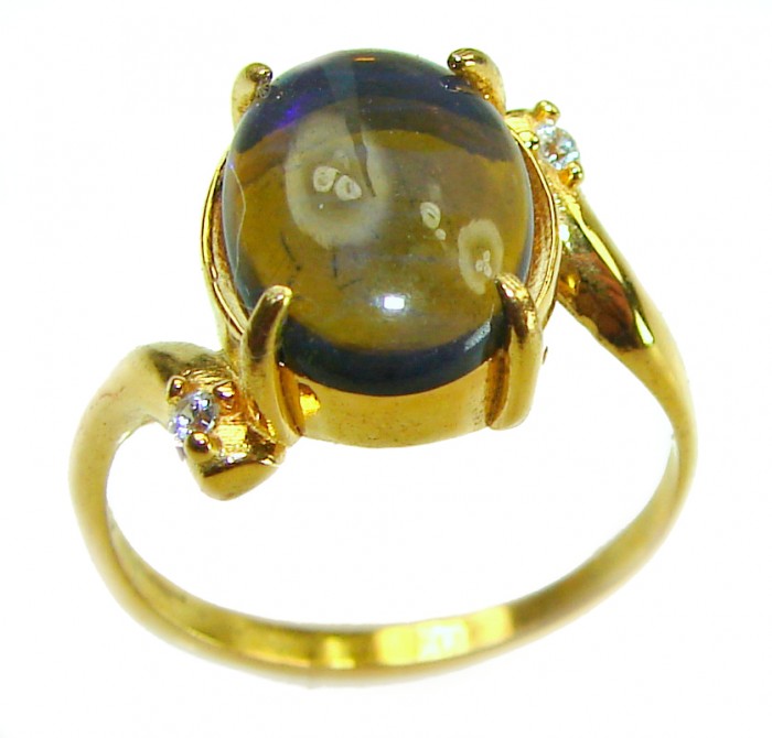 A COSMIC POWER Genuine 8.2 carat Black Opal 18K Gold over .925 Sterling Silver handmade Ring size 8 - Gold ring with black opal and diamonds, side view.