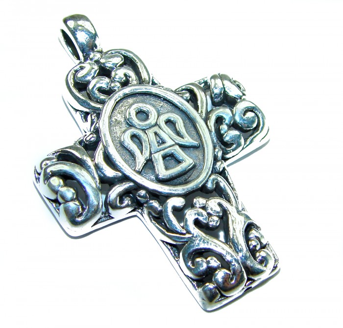 Protective angel - Holy Cross .925 Sterling Silver Pendant - Front view of ornate sterling silver cross pendant with angel design.