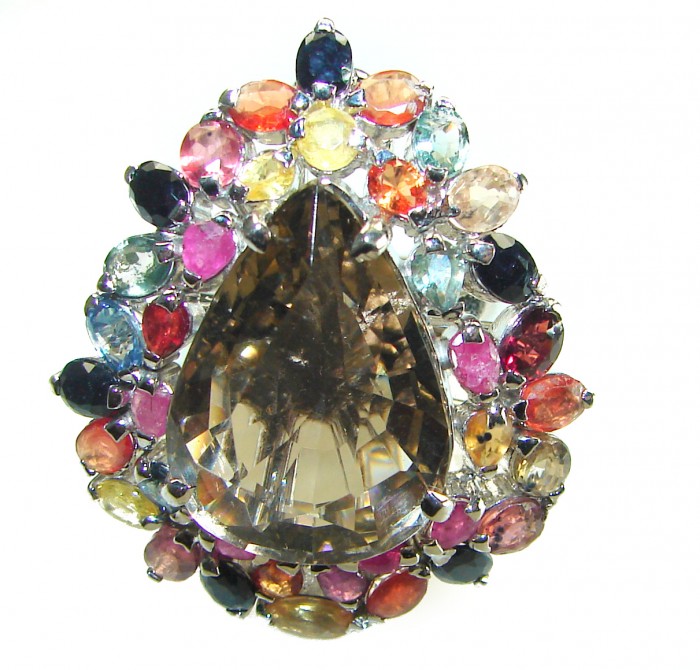 Celestial peace 29.5 carat Champagne Smoky Topaz Sapphire .925 Sterling Silver HUGE Ring size 7 1/4 - Close-up of Celestial Peace ring with smoky topaz and colorful sapphires