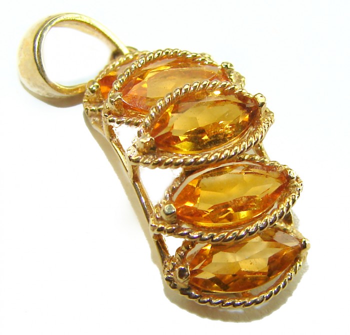 Authentic fancy cut 7.5 carat Citrine 14K REAL stamped Gold handcrafted Statement Pendant - Side view of 7.5 carat citrine pendant in 14K gold setting.