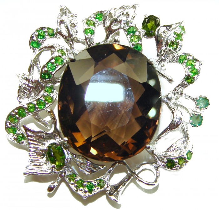 Authentic 55.5 carat carved Smoky Topaz Emerald .925 Sterling Silver handmade Statement Pendant - Smoky Topaz and Emerald jewelry front view, 55.5 carats, sterling silver.