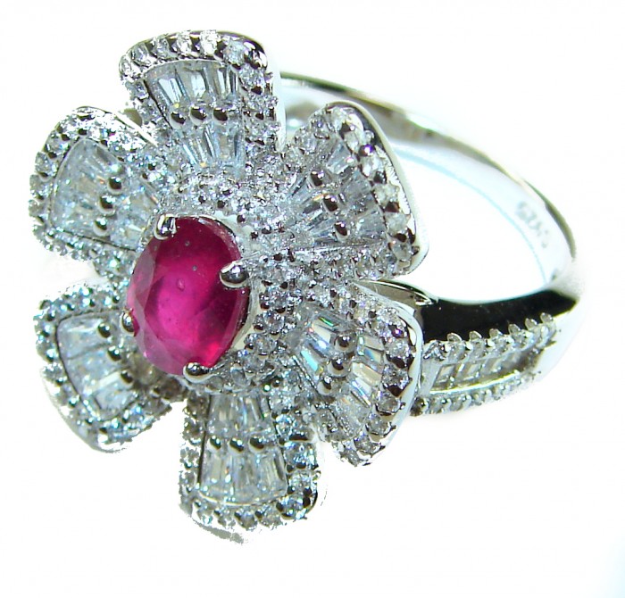 Art Deco - 6.8 carat Authentic Ruby .925 Sterling Silver Handcrafted Ring size 7 1/2 - Close-up of Art Deco ruby ring with diamond accents on sterling silver.
