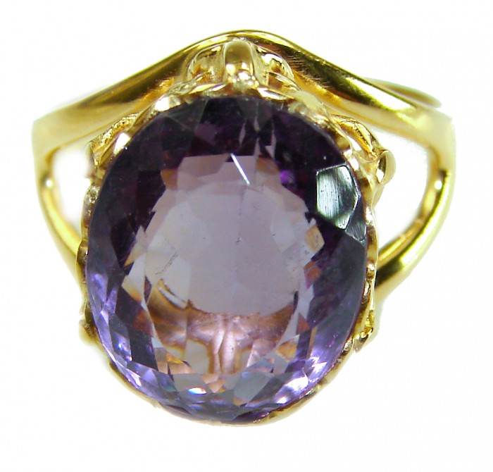 Purple Royalty 8.5 carat Amethyst .925 Sterling Silver dipped in 14K Rose Gold over Handcrafted Huge Ring size 7 1/4 - Close-up of Purple Royalty 8.5 carat Amethyst gold ring