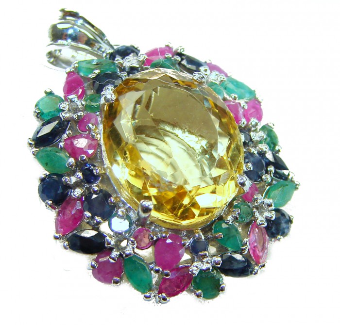 Tiffany - Vintage Design Genuine 14.5 carat precious Citrine .925 Sterling Silver handmade Pendant - Close-up of vintage multicolored gemstone pendant with large citrine centerpiece