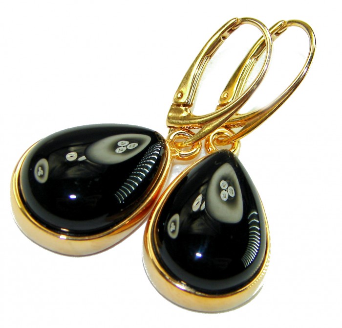 Outstanding authentic Onyx 14K Gold over .925 Sterling Silver Earrings - Onyx earrings close-up, gold over sterling silver with drop design