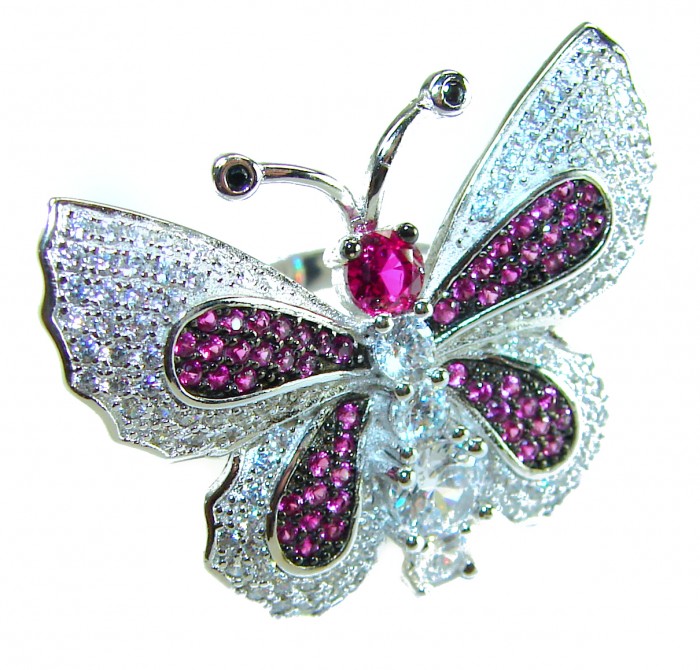 Precious Butterfly Genuine 10.5 carat Ruby .925 Sterling Silver handmade LARGE Statement Ring size 7 1/2 - Butterfly ring with rubies close-up, front view.