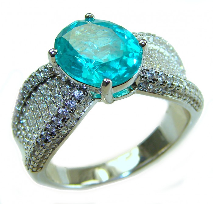 Eau Pure 7.5 carat Paraiba Tourmaline .925 Sterling Silver Handcrafted Ring size 7 1/4 - Close-up of Eau Pure Paraiba Tourmaline ring in sterling silver.