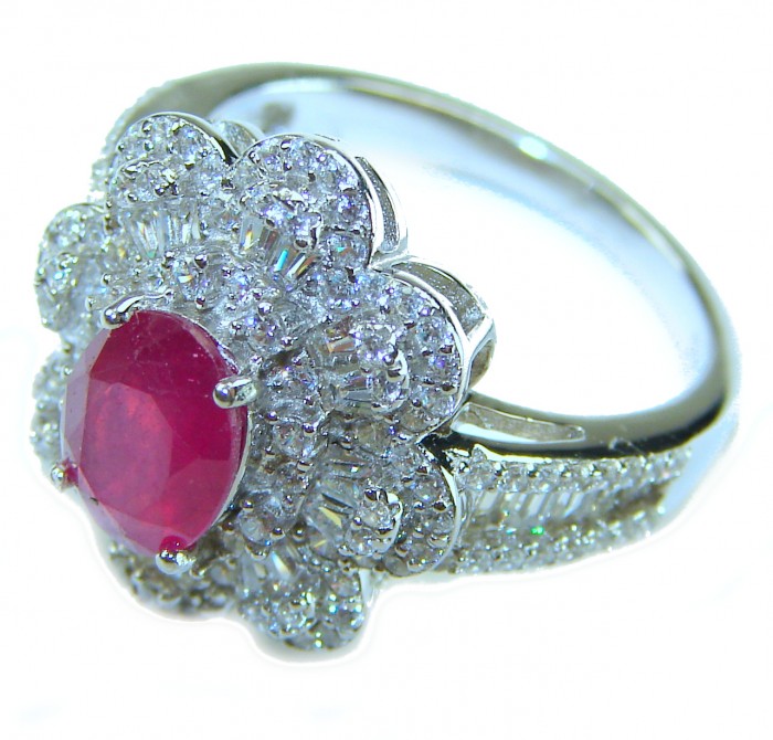 Real Beauty Natural 8.9 carat Ruby .925 Sterling Silver handmade Statement Ring size 7 - Ruby and diamond ring, side view, showcasing intricate detailing.