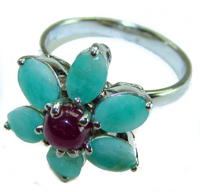 Real Beauty Natural 8.9 carat Ruby Emerald .925 Sterling Silver handmade Statement Ring size 7 - Floral ring with ruby center and turquoise petals, silver band close-up.