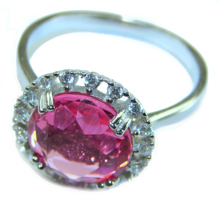 Love 10.8 carat Pink Topaz rhodium over .925 Sterling Silver handcrafted Statement Ring size 9 - Close-up of Love 10.8 carat Pink Topaz ring in rhodium over silver