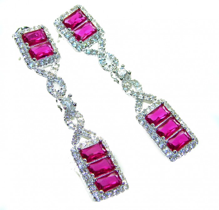 Art Deco - Giovanna - Magnificent Jewel 6.5 carat Ruby .925 Sterling Silver handcrafted incredible earrings - Art Deco earrings with rubies and diamonds, top view showing stones.