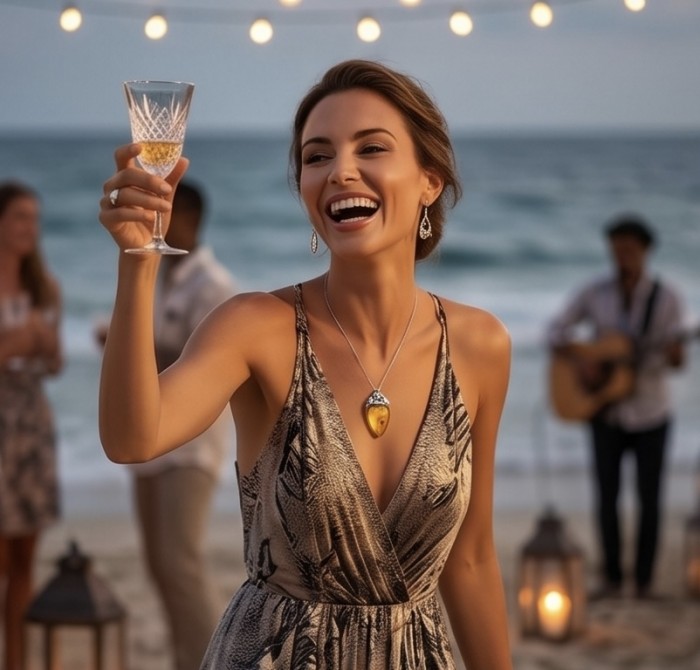Massive Prehistoric Authentic Golden Baltic Amber rhodium over .925 Sterling Silver beautifully handcrafted Pendant - Woman wearing Massive Prehistoric Golden Baltic Amber necklace on beach.