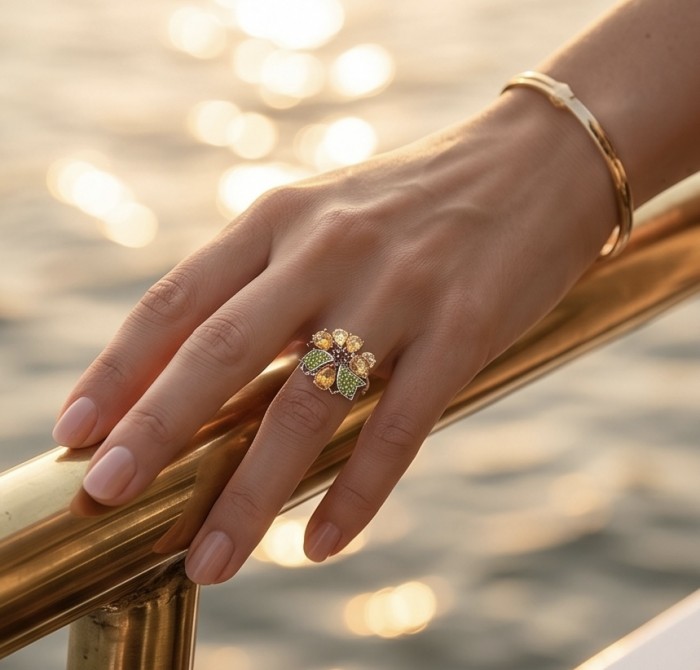 Vivien Luxurious Style - Natural 14.2 carat Brazilian Citrine .925 Sterling Silver dipped in rhodium handcrafted Ring size 9 1/4 - Ring worn on hand with Brazilian Citrine stones by the water.