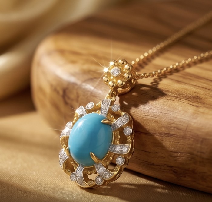 Sofia - authentic Sleeping Beauty Turquoise 22K Gold over .925 Sterling Silver handcrafted Statement necklace - Close-up of Sofia turquoise pendant in 22K gold on wooden surface.