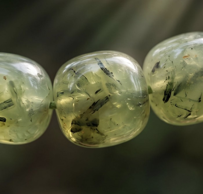 Power of Nature 175.5 carat Moss Prehnite .925 Sterling Silver handcrafted Large necklace - Close-up of Power of Nature Moss Prehnite stones in jewelry piece