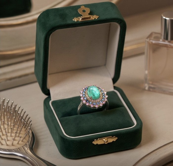 Precious 3.2 CARAT Colombian Emerald 18K Gold over .925 Sterling Silver Statement Ring s. 7 1/4 - Emerald ring in box, top view with ornate detailing, on dresser.