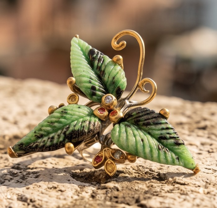 Real Art! Large Exotic Flower authentic carved Ruby In Zoisite 2 tones .925 Sterling Silver Ring s. 8 1/4 - Side view of exotic flower brooch with carved green stones and gold accents.