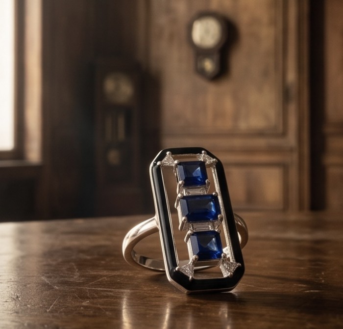 Art Deco 6.2 carat Sapphire black enamel .925 Sterling Silver handcrafted Ring size 7 - Art Deco sapphire ring on table, front view, black enamel and silver setting.