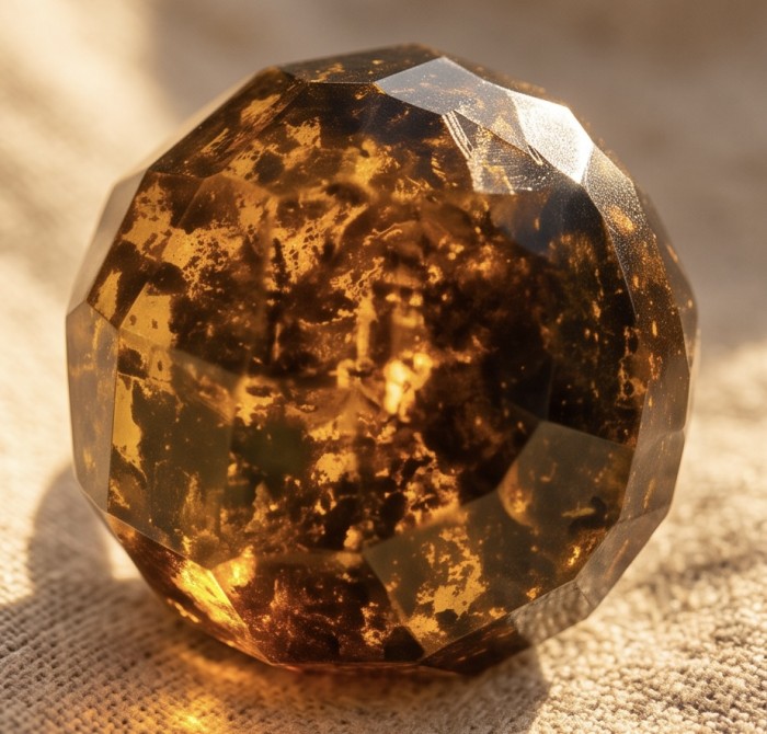 Sunset Authentic Baltic Amber rhodium over .925 Sterling Silver handcrafted ring; s. 7 adjustable - Faceted Baltic amber close-up showing rich hues and texture.
