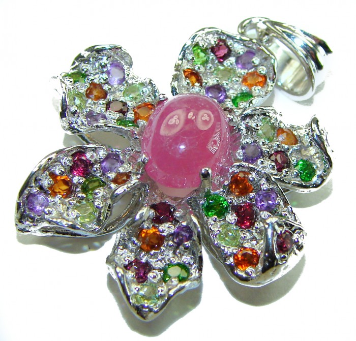 Unique Floral design 5.2 carat Ruby Tourmaline .925 Sterling Silver handmade Pendant - photo 4
