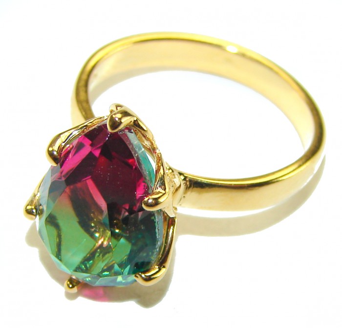 Luxurious authentic 11.2 carat Brazilian Tourmaline 14k Gold over .925 Sterling Silver handcrafted ring s. 7 1/4 - Tourmaline ring in 14k gold, close-up front view.