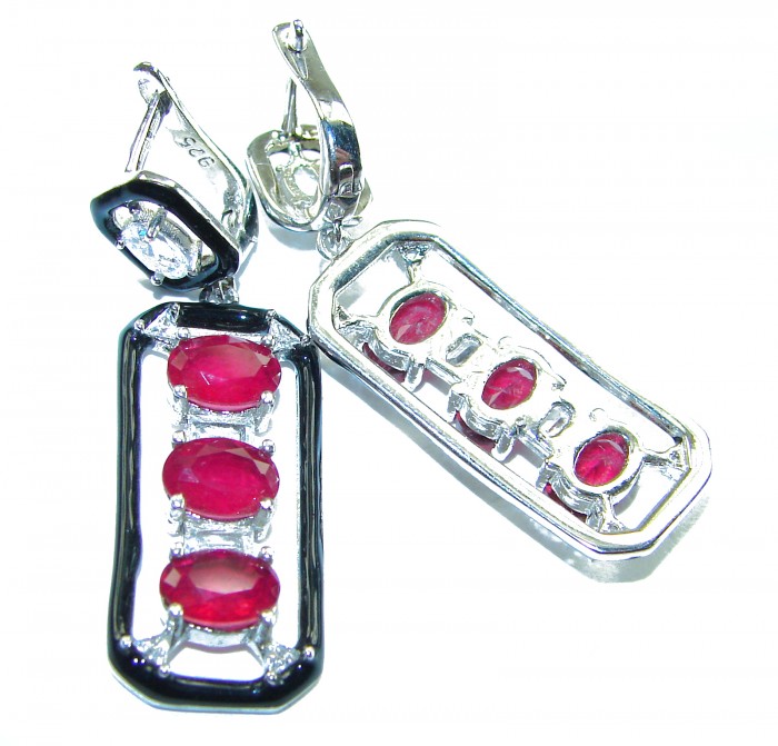 Art Deco 11.2 carat Ruby black enamel .925 Sterling Silver handcrafted earrings - Art Deco ruby earrings, front and back view, sterling silver detail.