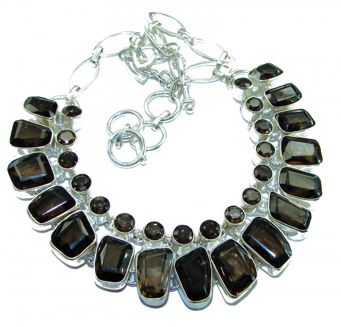 Precious genuine 88.9 carat Smoky Topaz .925 Sterling Silver handcrafted Necklace - Smoky Topaz and Sterling Silver necklace, top view.