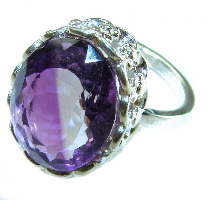 Purple Amethyst .925 Sterling Silver Handcrafted Large Ring size 7 1/4 - Close-up of purple amethyst ring in sterling silver setting.
