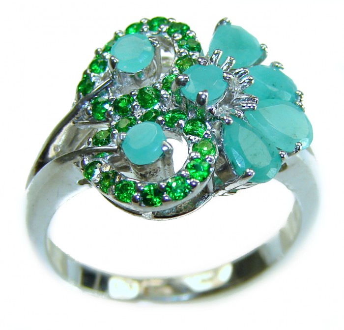 Vintage style - Timless Beauty 8.5 carat Emerald .925 Sterling Silver handcrafted Statement Ring size 7 3/4 - Close-up of vintage-style emerald and turquoise ring on white background.