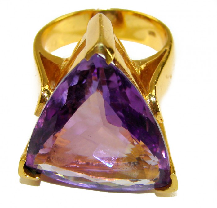 Purple Royalty 25.5 carat Amethyst .925 Sterling Silver dipped in 18K Gold over Handcrafted Ring size 8 - Close-up of Purple Royalty 25.5 carat Amethyst ring, top view.