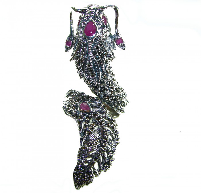 Massive Power - Oversized - Dragon 23.8 grams Marcasite Ruby . 925 Sterling Silver Ring s. 8 - Dragon-shaped marcasite ring with red stones, top view, intricate detail.